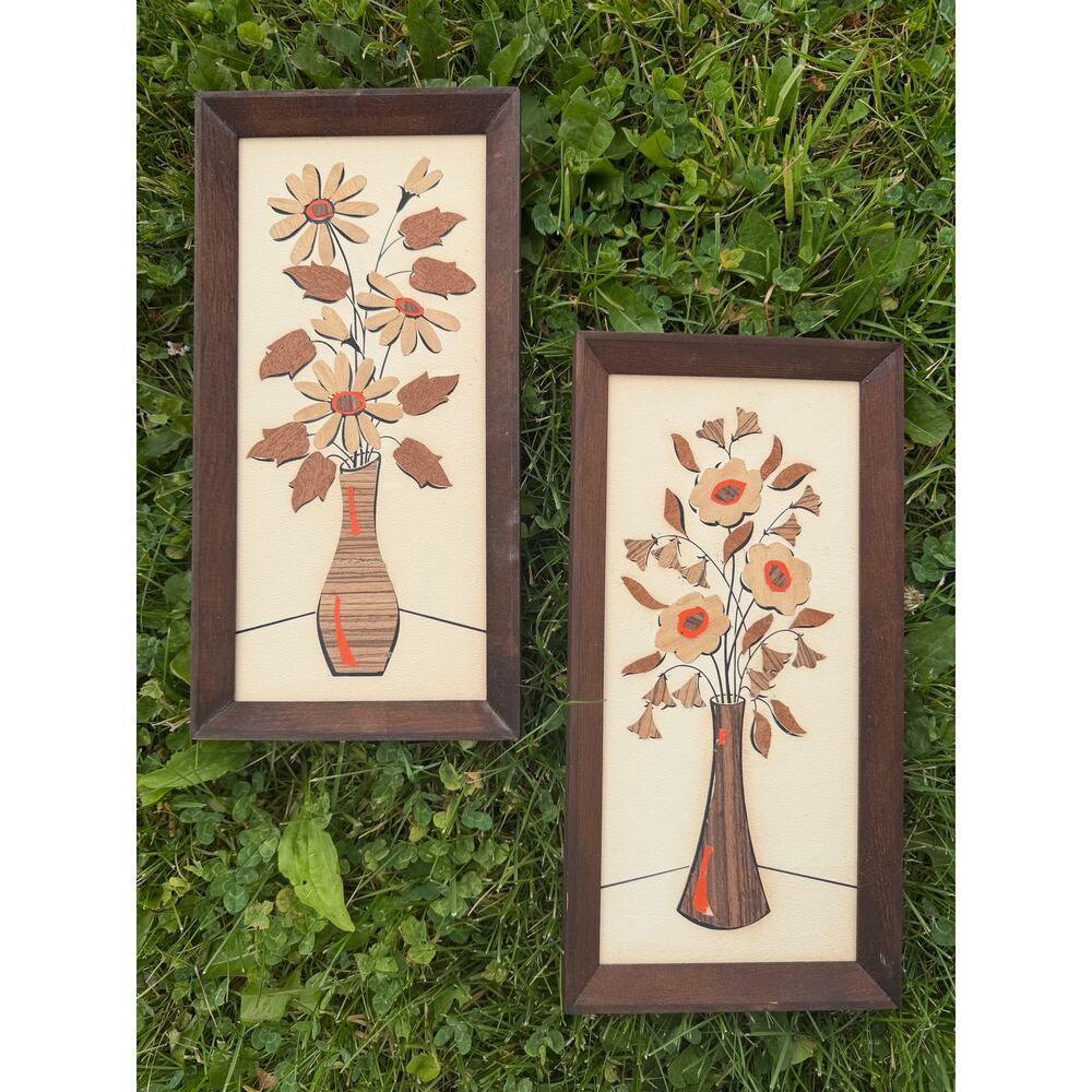 Vintage 1970s Handmade Wood Veneer Floral Wall Art Set Mid Century Folk Art Pair